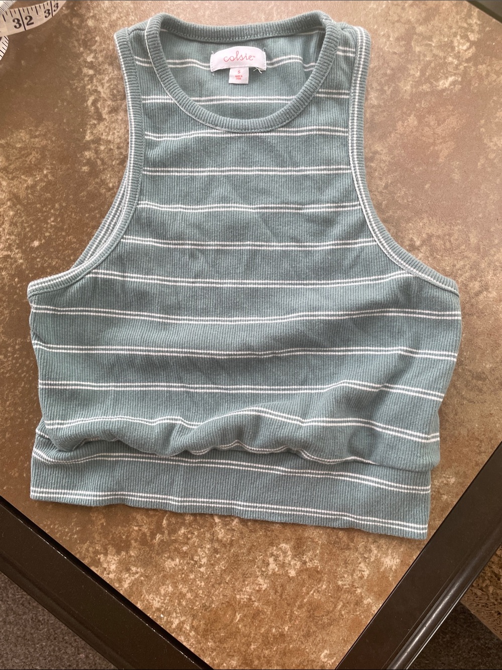 Colsie Striped Ribbed Cropped Tank Top - Dusty Blue with White